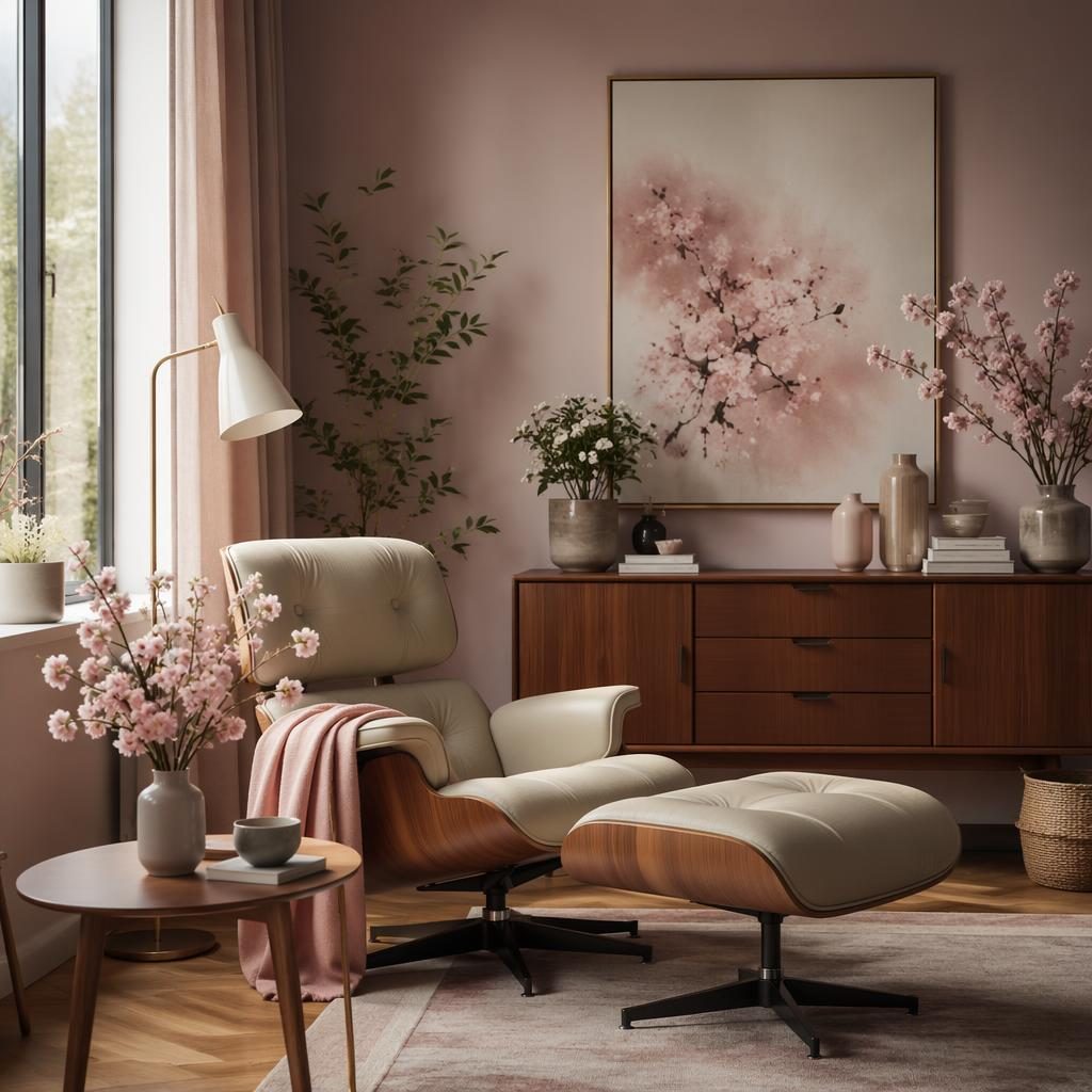 Scandinavian home office with a mid-century reading lounge, pastel pink and beige decor, plants, art, textiles, and natural wood