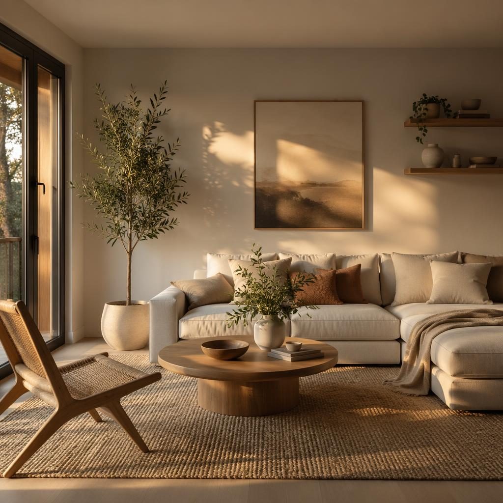 Scandinavian living room with warm neutral tones, natural materials, plants, art, textiles, and golden hour light