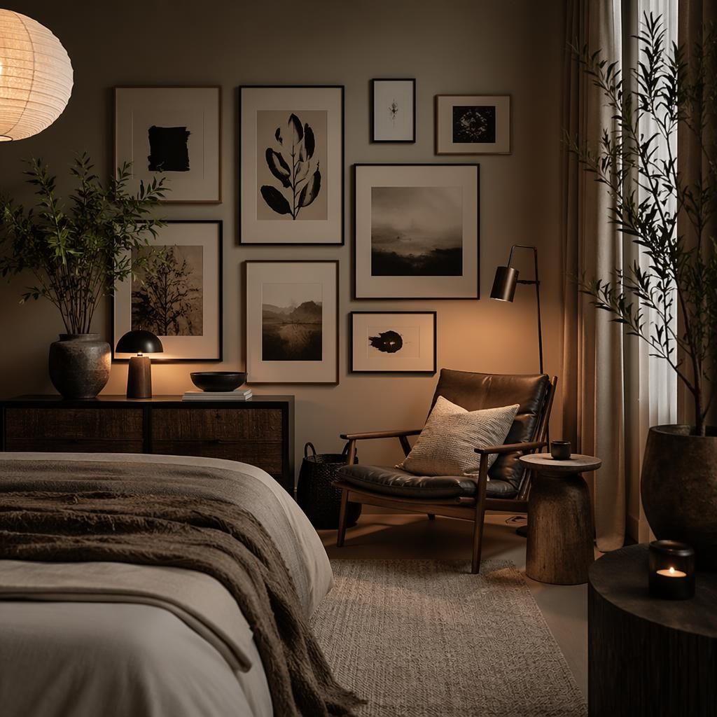 Moody Japandi bedroom with earth-tone palette, minimalist gallery wall, natural wood furniture, plants, textiles, and soft lighting