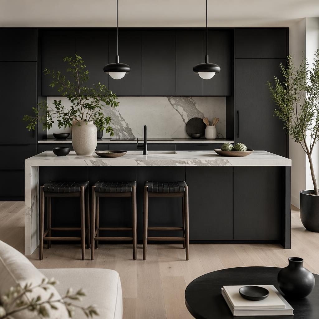 Cocina con isla estilo japandi en blanco y negro, materiales naturales, plantas, arte y textiles, luz difusa.