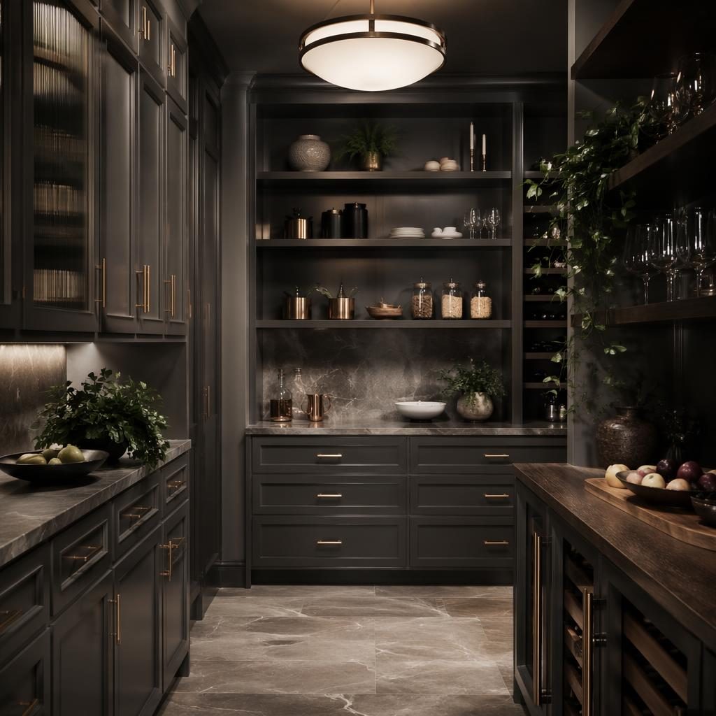 Moody art deco kitchen interior in cool grey tones with a custom walk-in pantry, natural materials, plants, textiles, and soft depth.