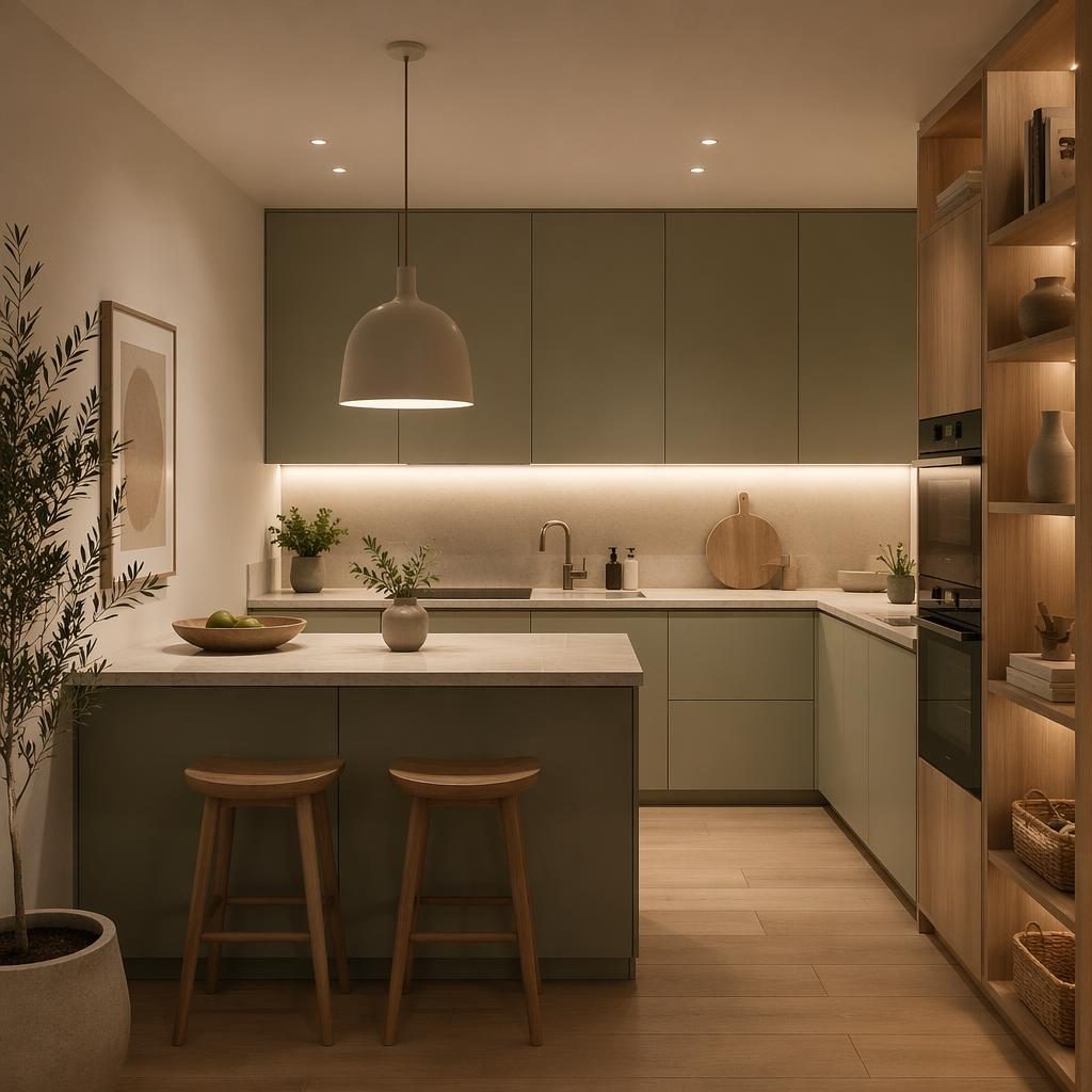 Cocina escandinava minimalista en tonos salvia y crema, con materiales naturales, plantas, arte y luz cálida de tarde.