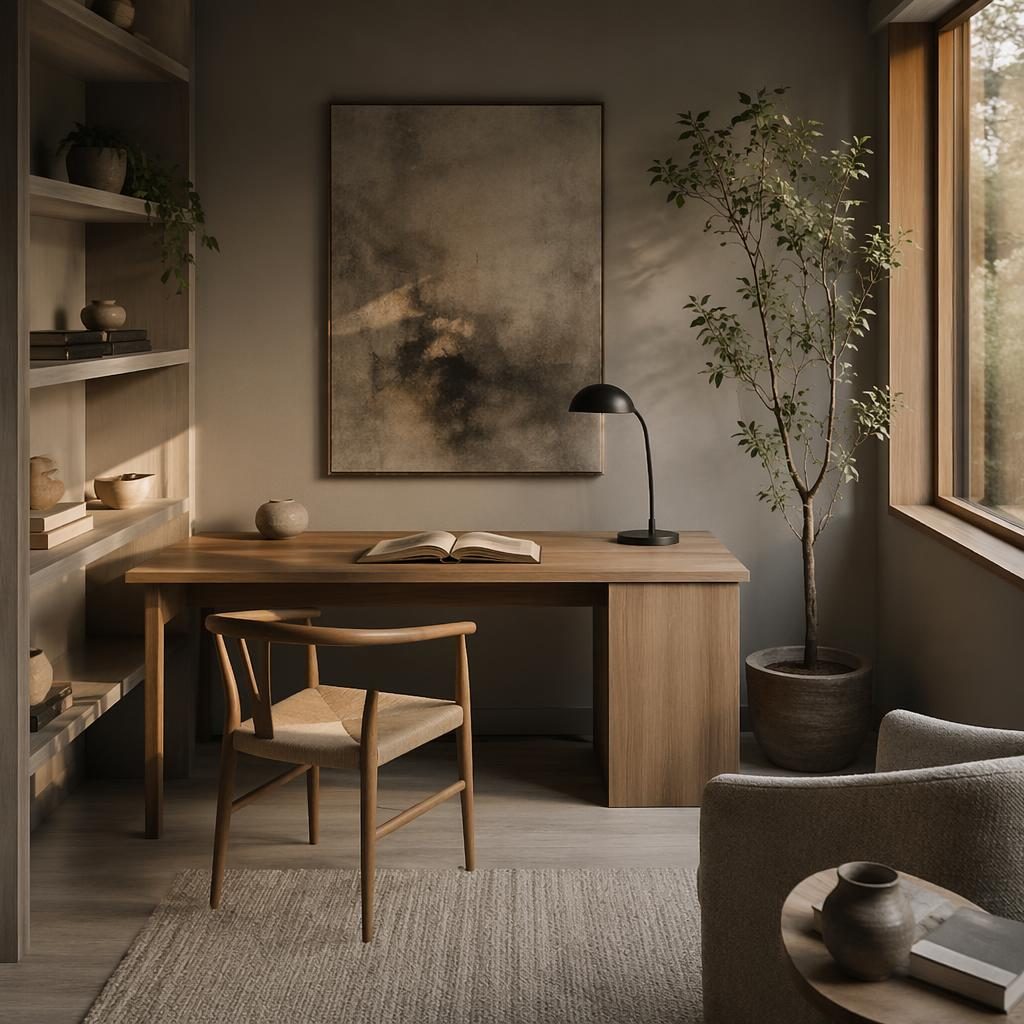 Oficina en casa escandinava estilo japandi con paleta gris fría, luz dorada, madera natural, plantas y textiles.