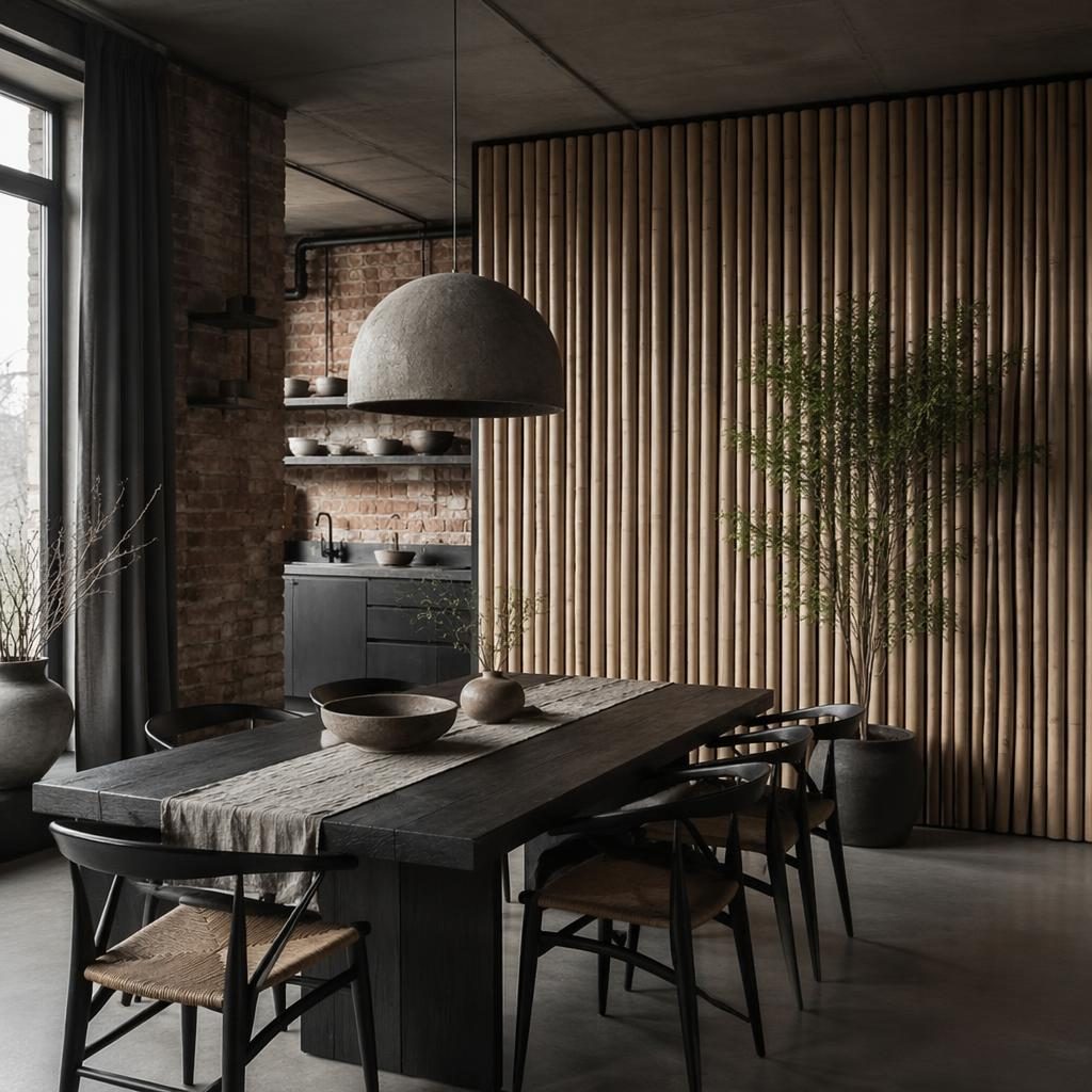 Salle à manger wabi-sabi aux tons gris froids avec mur de bambou intérieur, brique industrielle, plantes et textiles