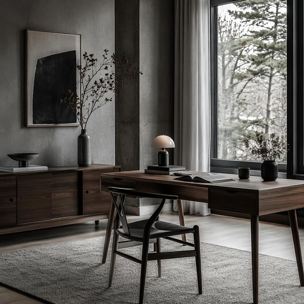 Moody Scandinavian home office interior with cool grey palette, wood furniture, plants, art, textiles, and soft natural light