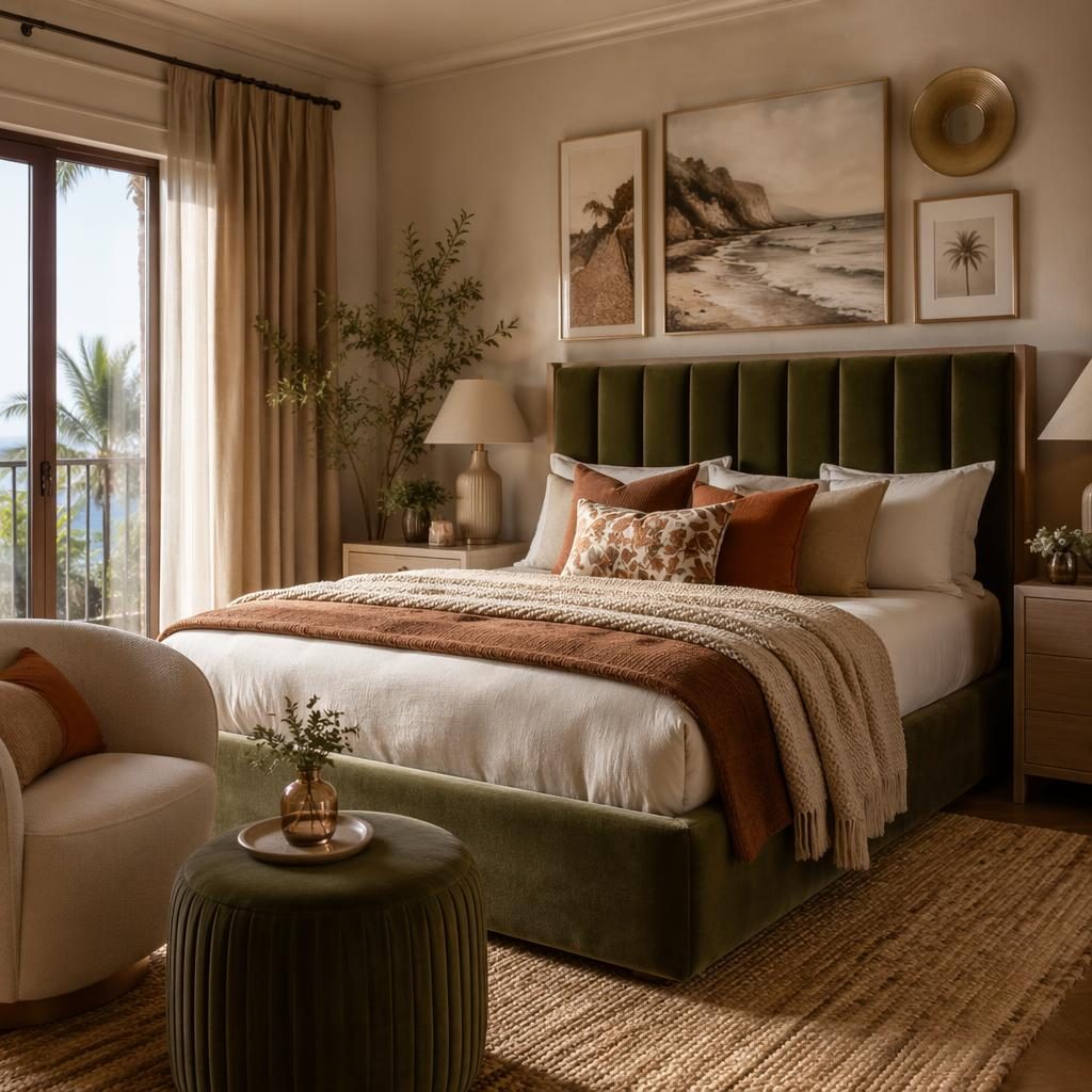 Dormitorio costero art déco con terciopelo, tonos neutros cálidos, luz suave, plantas, arte y textiles naturales