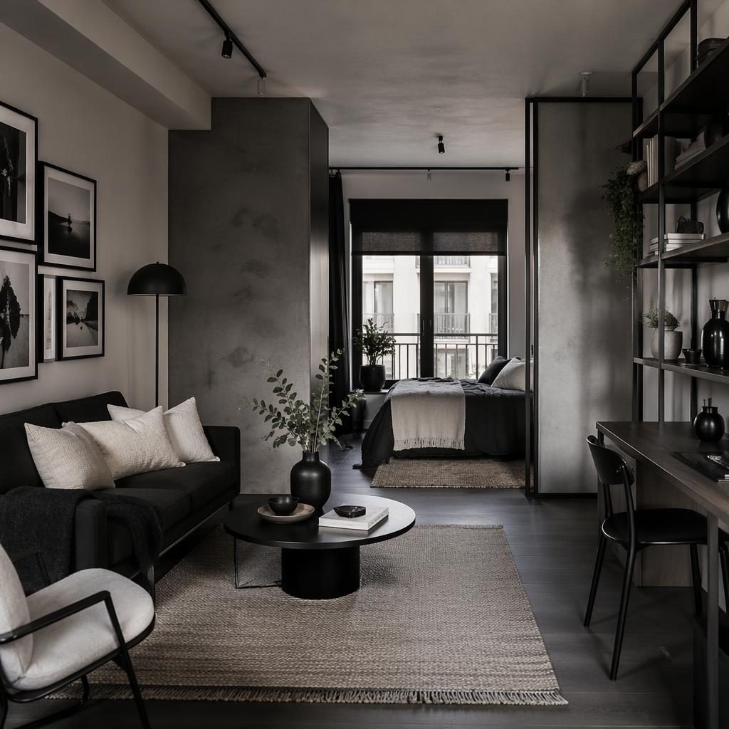Dormitorio industrial en blanco y negro con luz natural, pared tipo galería, plantas, textiles y mobiliario minimalista.