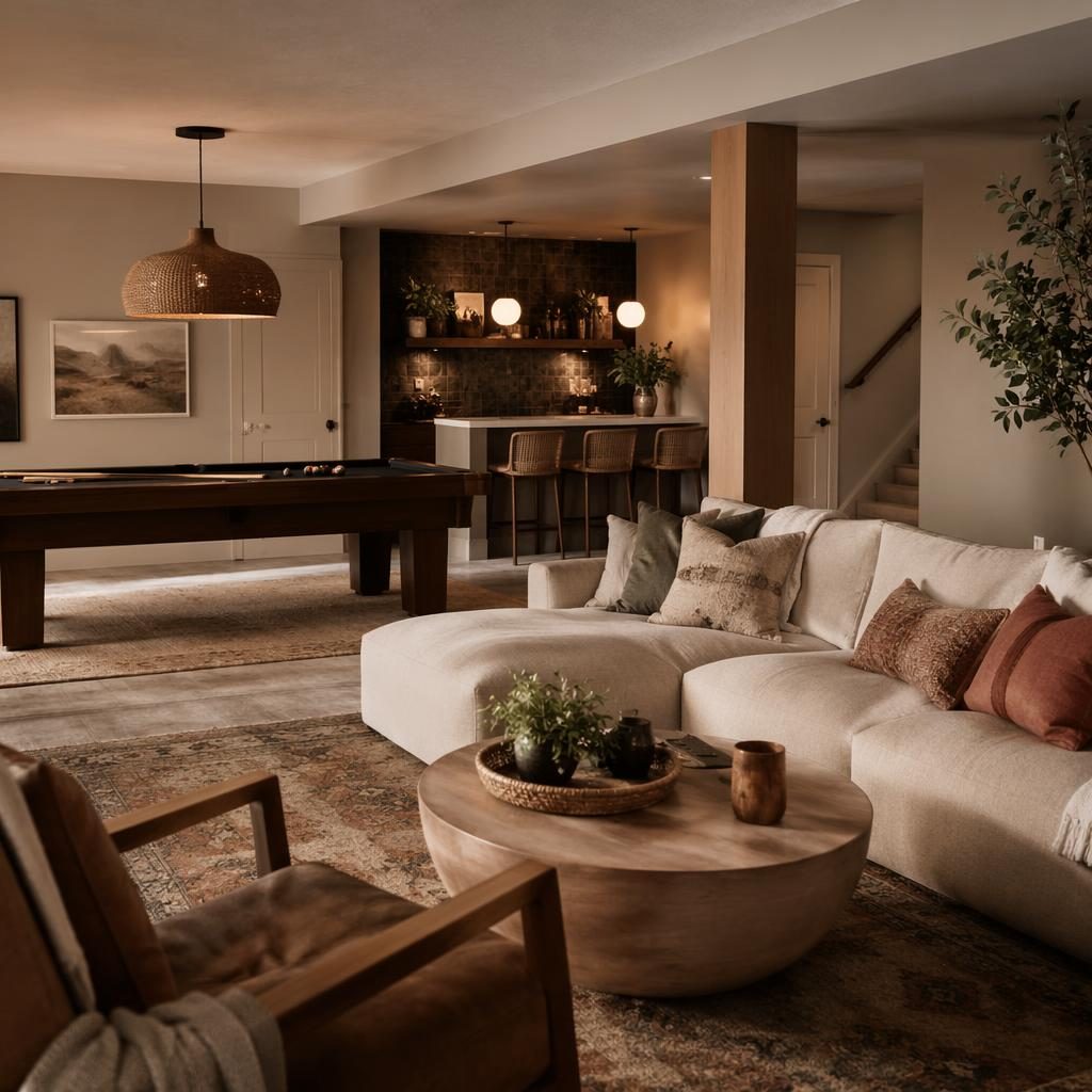 Coastal-inspired entryway interior render with warm neutral tones, natural materials, plants, textiles, art, and golden hour light.