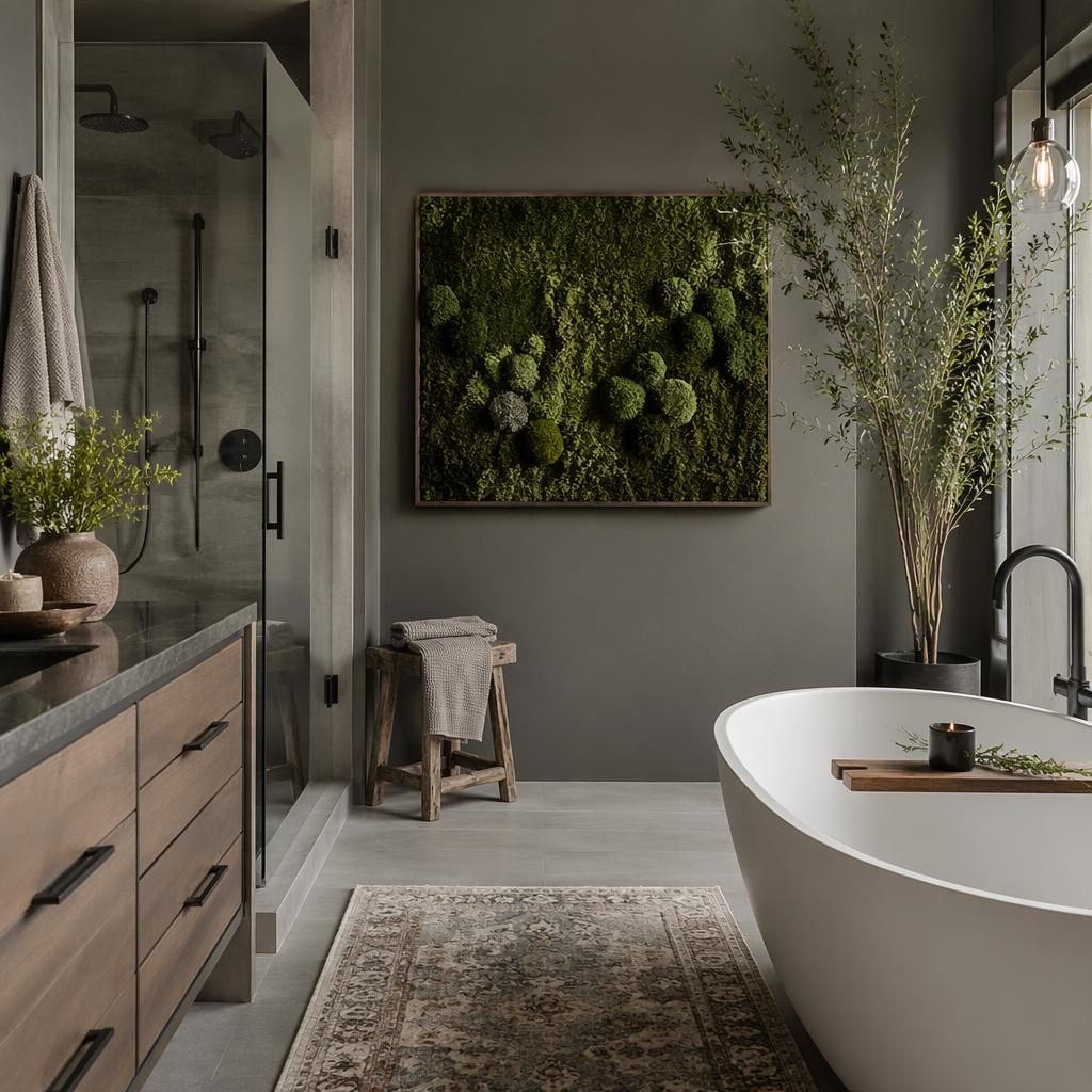 Luxury contemporary master bathroom in cool grey tones with natural materials, plants, textiles, art, and soft daylight
