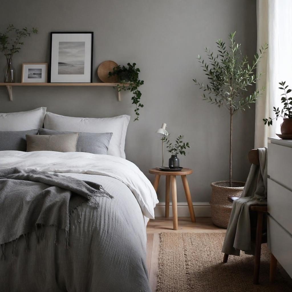 Dormitorio escandinavo en grises fríos con luz difusa, textiles, plantas, arte mural y muebles de madera natural.