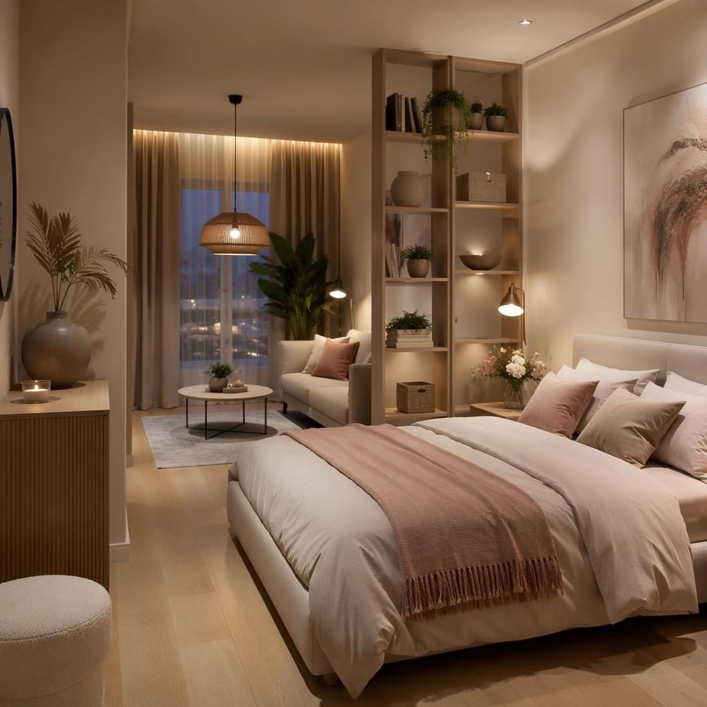 Pastellrosa-beiges Schlafzimmer mit warmem Abendlicht, Naturmaterialien, Pflanzen, Kunst und Textilien.