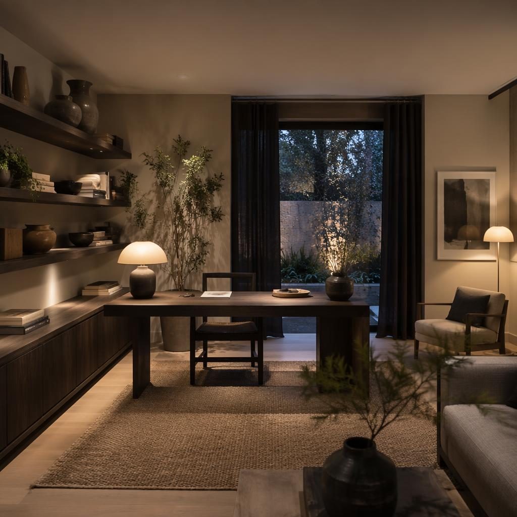 Realistic japandi study interior with cool grey palette, warm evening light, natural materials, plants, art and textiles.