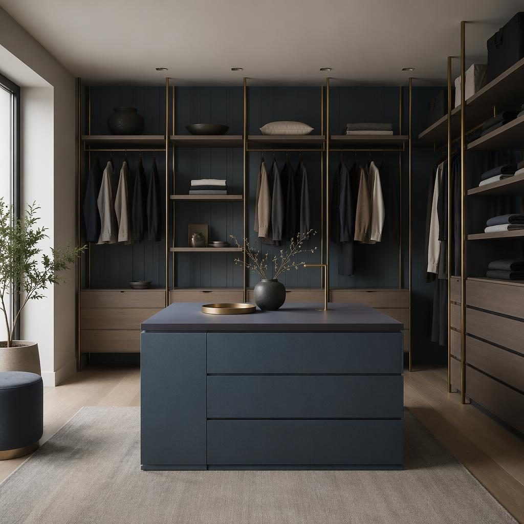 Vestidor minimalista estilo japandi con tonos azules y latón, madera natural, textiles, plantas y luz difusa.