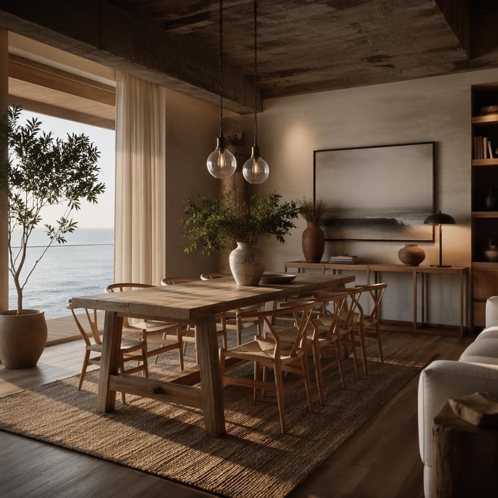 Living comedor costero con tonos neutros cálidos, tuberías industriales, materiales naturales, plantas y luz ambiental tenue.