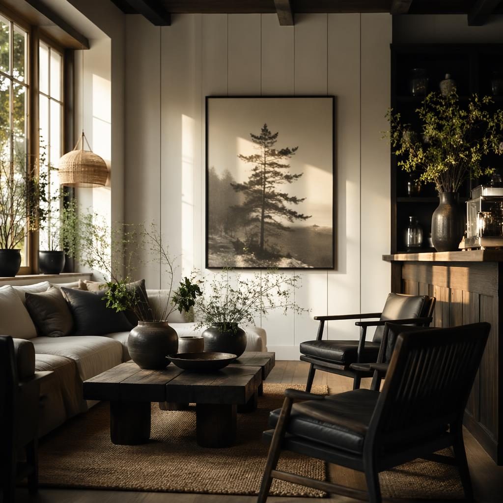 Modern farmhouse living room reading nook in black and white with natural wood, plants, textiles, art, and golden hour light.