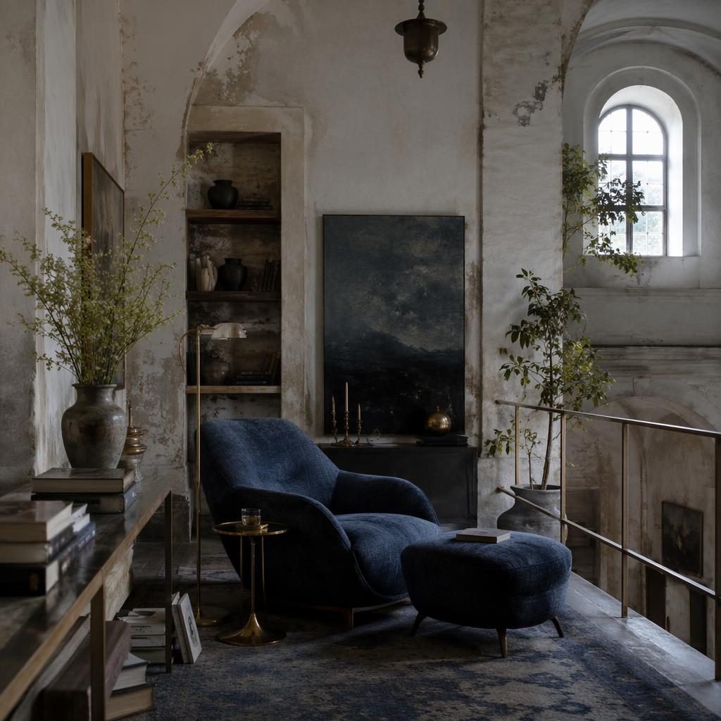 Minimalist white loft reading nook with blue and brass accents, natural materials, plants, art, and soft moody lighting.