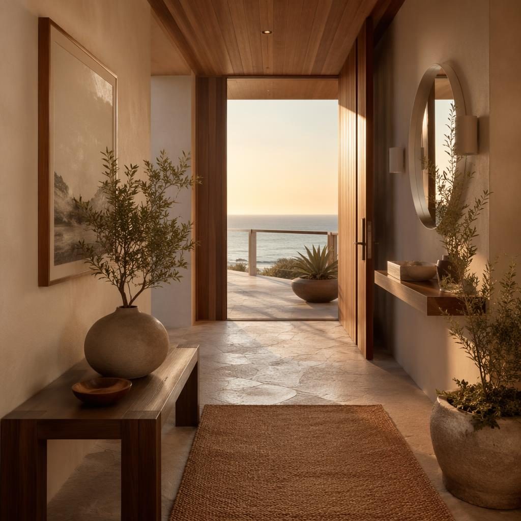 Entrada interior estilo japandi con tonos neutros cálidos, materiales naturales, plantas y luz dorada en balcón
