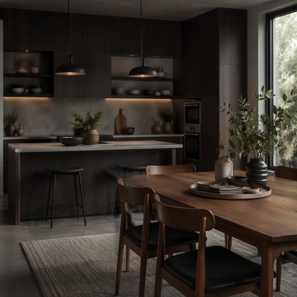 Moody minimalist walk-in closet interior in cool greys with natural materials, plants, art, textiles, and warm wood accents.