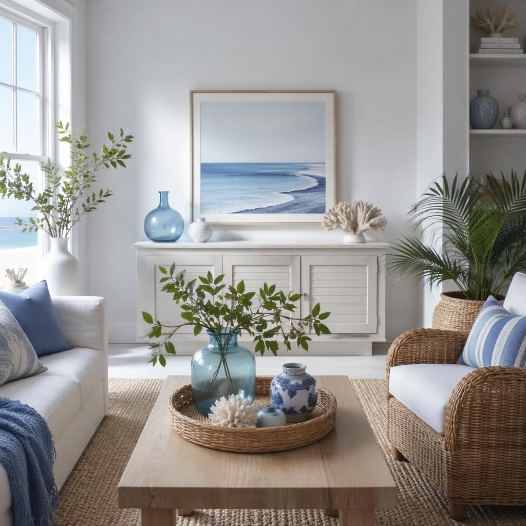 Coastal living room in white and blue with soft daylight, natural textures, plants, art, and styled decor accents.