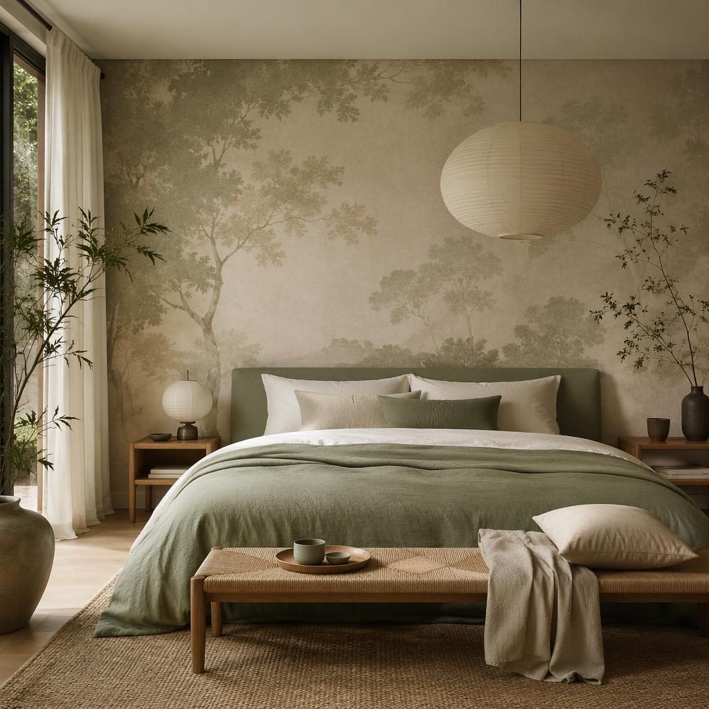 Chambre japandi minimaliste aux tons sauge et crème, lumière douce, matériaux naturels, plantes, textiles et art mural.