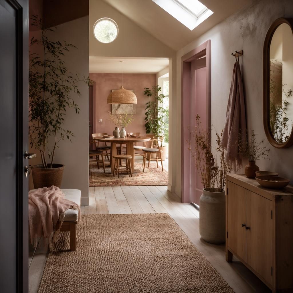 Wabi-Sabi Eingangsbereich in Pastellrosa und Beige mit Naturmaterialien, Pflanzen, Kunst, Textilien und warmen Boho-Teppichen.