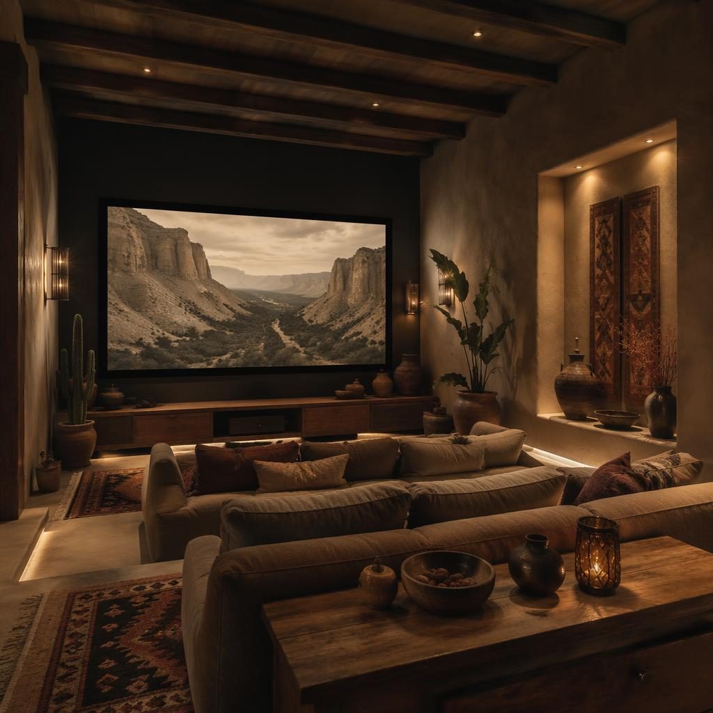 Sala de cine en casa oscura y lujosa, con tonos tierra, materiales naturales, textiles, arte, plantas y luz suave.