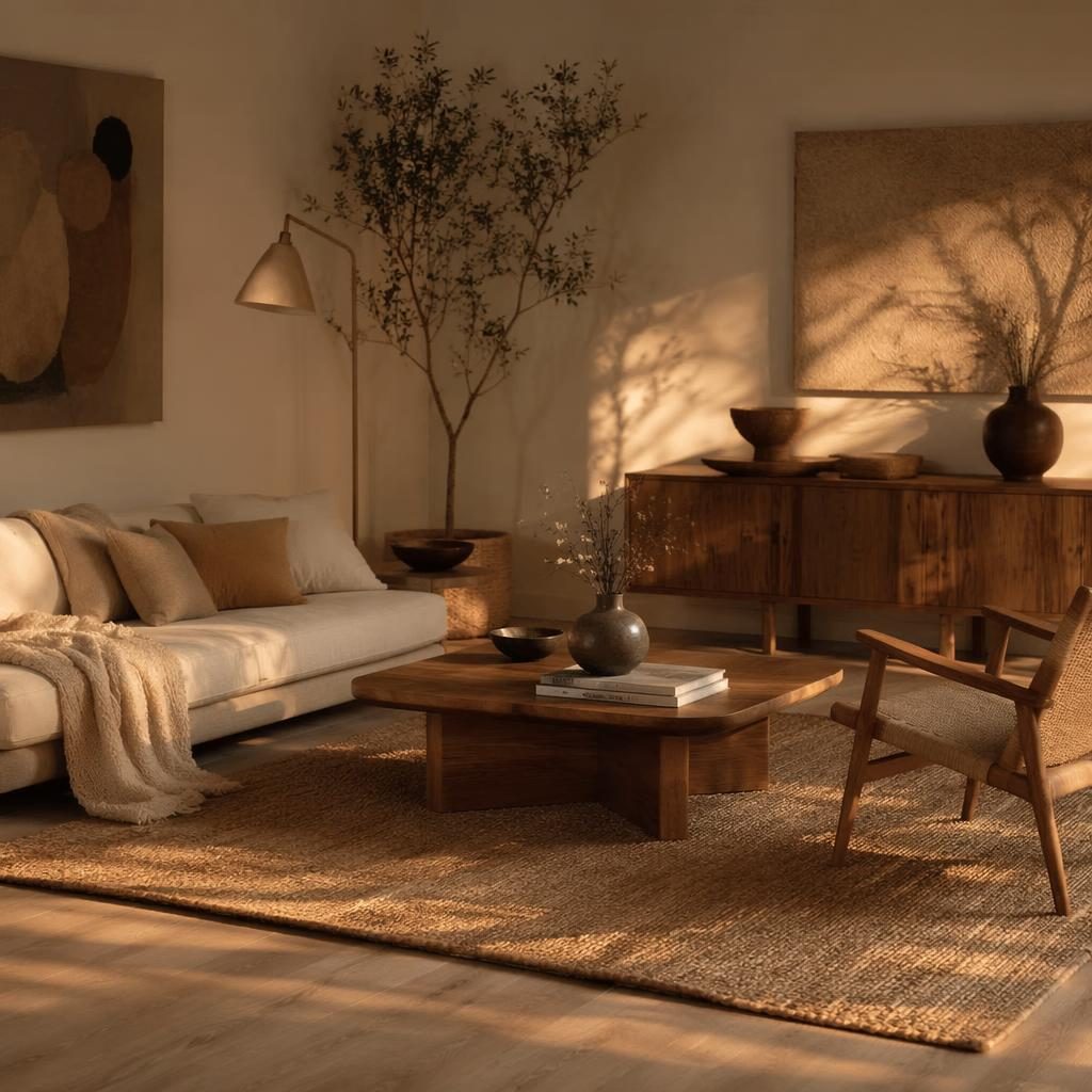 Warm Scandinavian living room with wabi-sabi styling, earth tones, natural materials, plants, textiles, and golden hour light