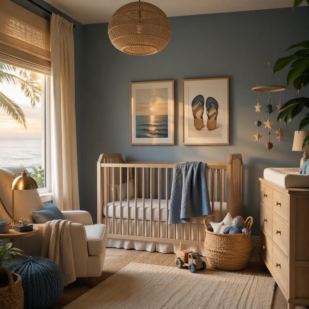 Scandinavian nursery with coastal styling, blue and brass accents, plants, textiles, art, and warm golden hour light