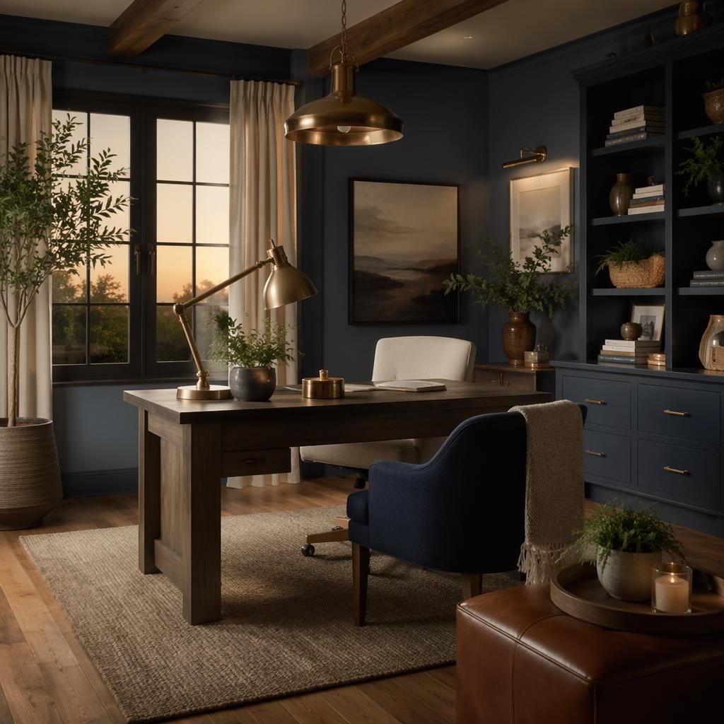 Luxury contemporary spa bathroom with blue and brass accents, warm evening light, natural materials, plants, art and textiles