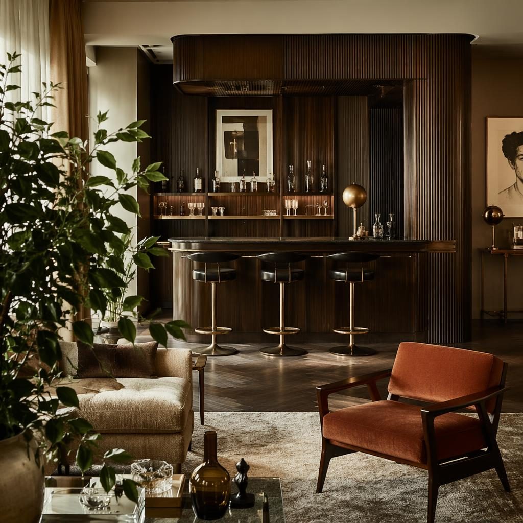 Art-Déco-Wohnzimmer in Erdtönen mit Mid-Century-Hausbar, Pflanzen, Kunst, Textilien und weichem Tageslicht