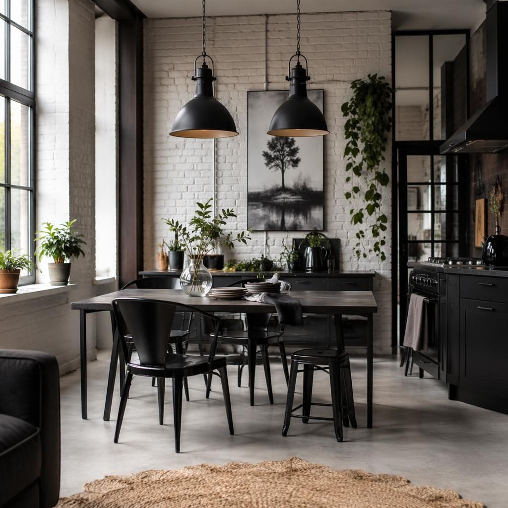 Industrielle Wohnküche mit Backsteinwand, schwarz-weißer Einrichtung, Holztisch, Pflanzen, Kunst und weichem Tageslicht