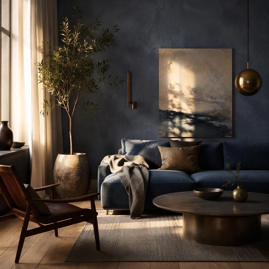 Skandinavisches Wohnzimmer im Wabi-Sabi-Stil mit blauer Wand, Messingakzenten, Pflanzen, Kunst und Textilien im Abendlicht.
