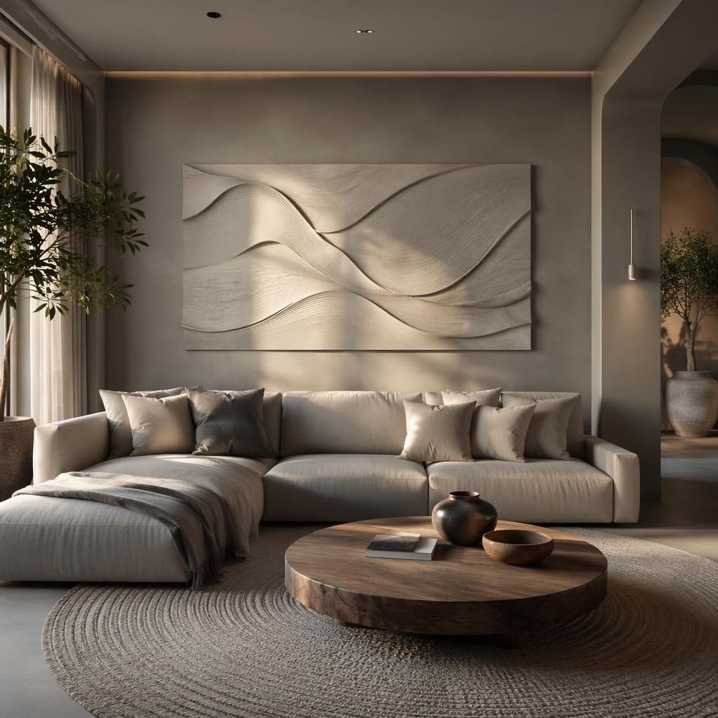 Coastal walk-in closet interior render in cool greys with natural materials, plants, art, textiles and black fixtures