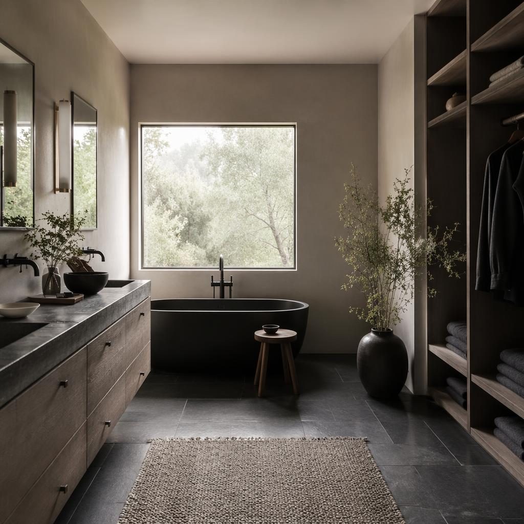 Japandi walk-in closet interior with blue cabinetry, brass accents, soft daylight, natural materials, plants and art.