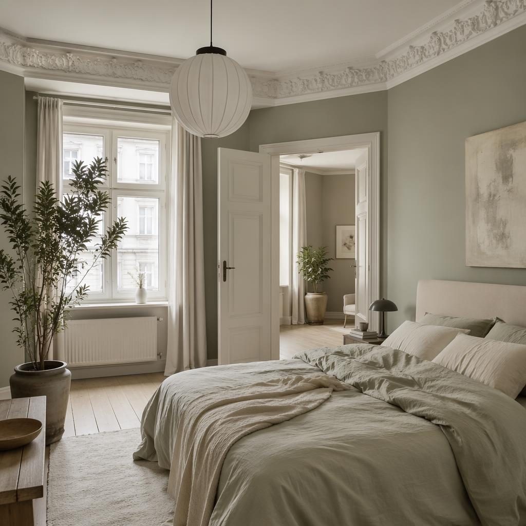 Sage- und cremefarbenes Schlafzimmer mit natürlichen Materialien, Textilien, Pflanzen und ruhiger Altbau-Atmosphäre
