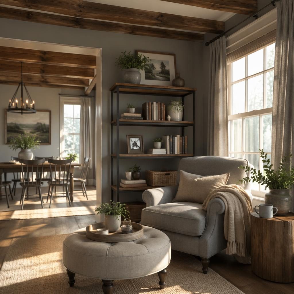 Realistic farmhouse dining reading nook with open beams, cool grey tones, golden hour light, plants, textiles and art