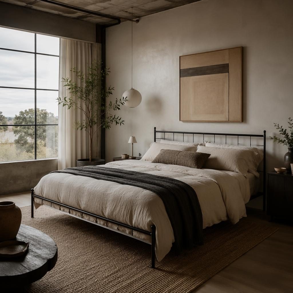 Japandi bedroom interior with an industrial metal bed frame, warm neutral tones, natural materials, plants, art, and soft diffused light.