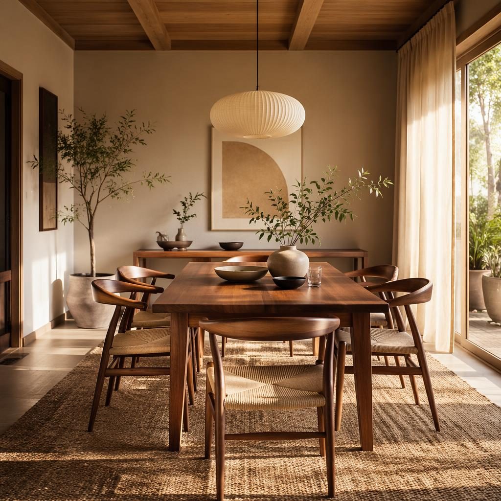Mid century Japandi living room with warm neutral tones, natural wood, plants, art, textiles, and golden hour light