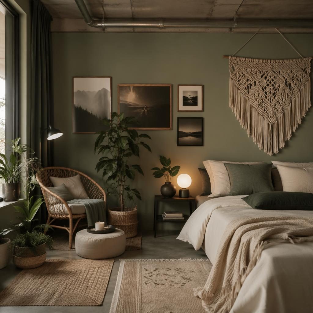 Industrial-boho Schlafzimmer mit Makramee, Leseecke in Salbei und Creme, Pflanzen, Textilien und natürlichem Licht