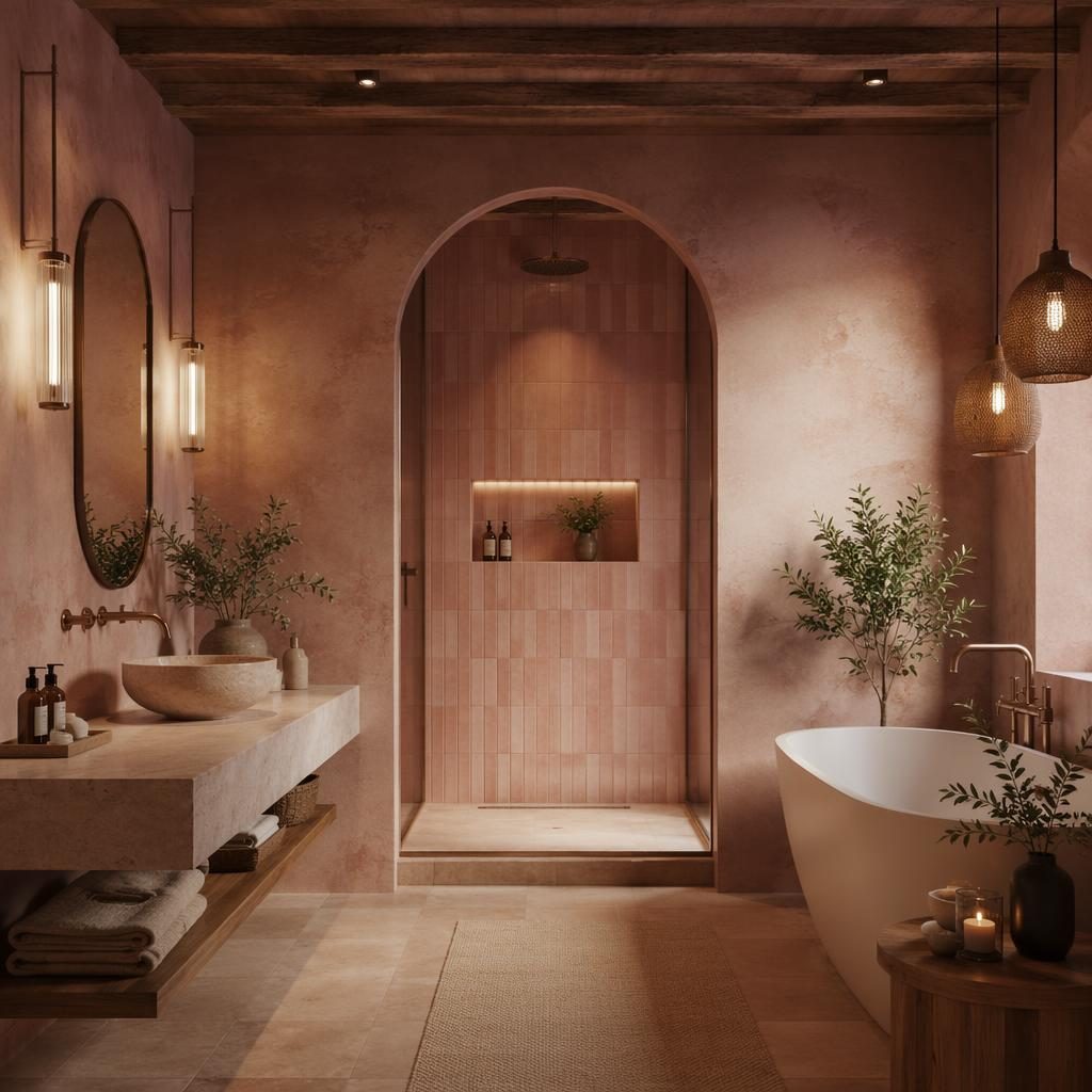 Salle de bain spa contemporaine de luxe aux tons rose pastel et beige, matériaux naturels, plantes, textiles et lumière tamisée.