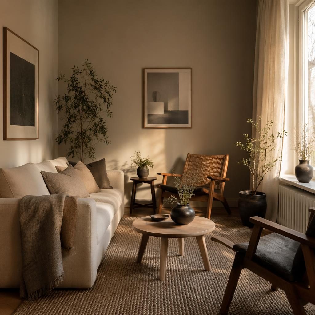Scandinavian dining room with earth tones, natural wood, plants, textiles, art, and warm golden hour light.