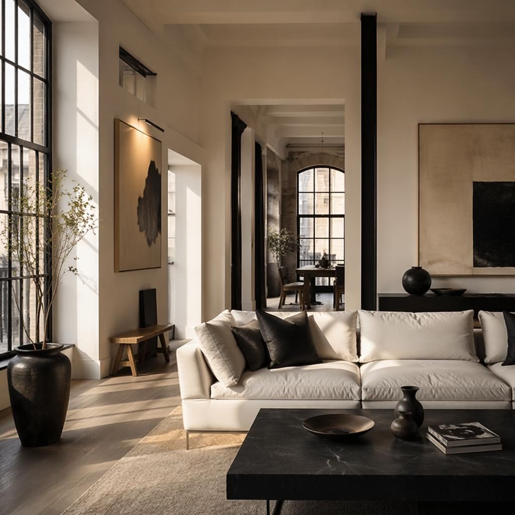 Minimalist white loft living room with black and white decor, warm golden hour light, plants, art, and natural textures.