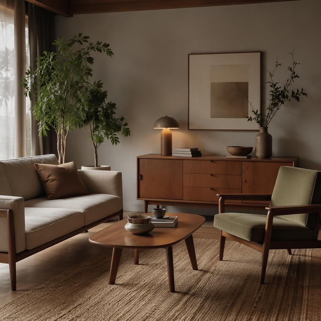 Mid-Century Wohnzimmer im Japandi-Stil mit Erdtönen, Holz, Pflanzen, Kunst, Textilien und weichem Tageslicht