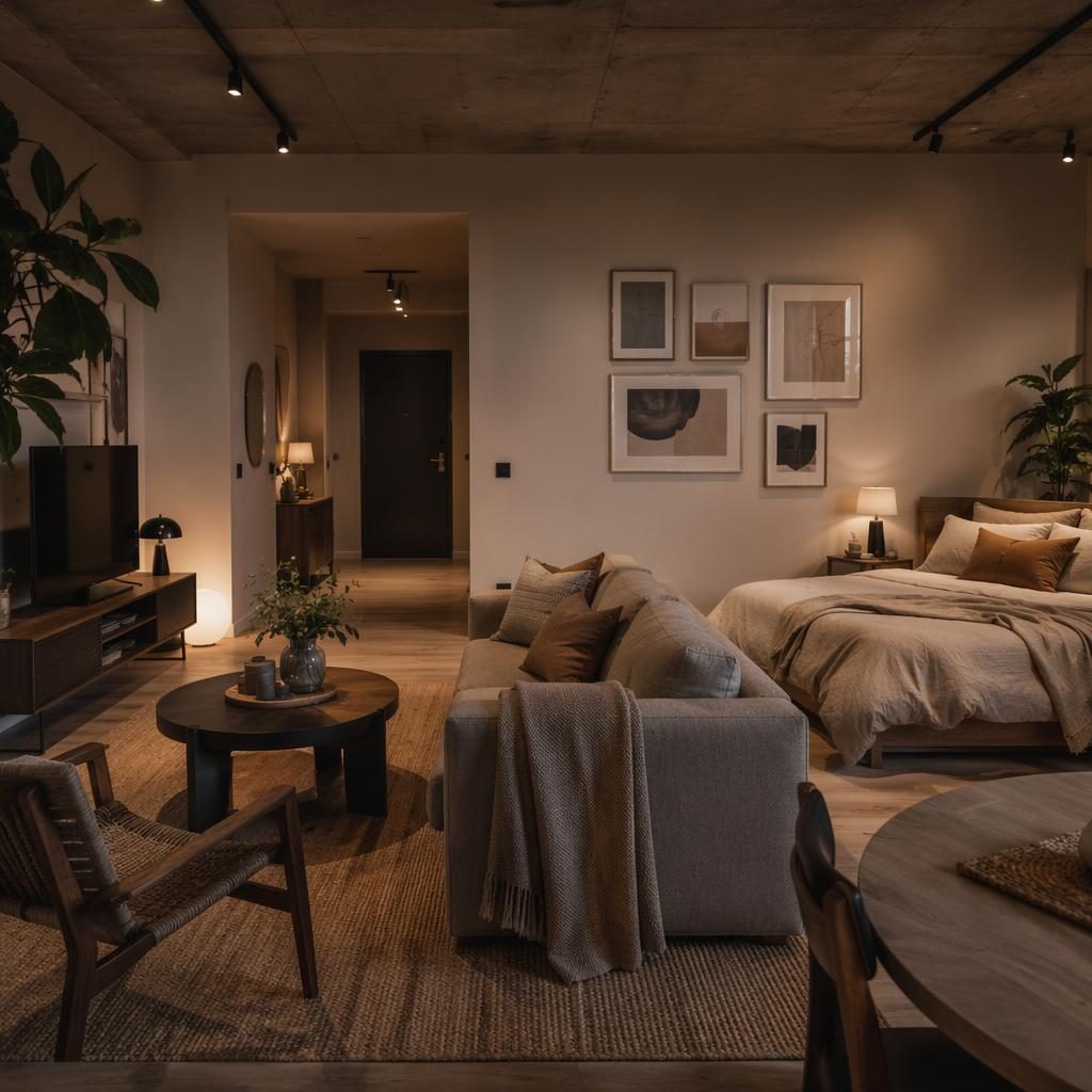 Industrial-Schlafzimmer mit warmen Naturtönen, minimalistischer Galeriewand, Pflanzen, Textilien und Abendlicht