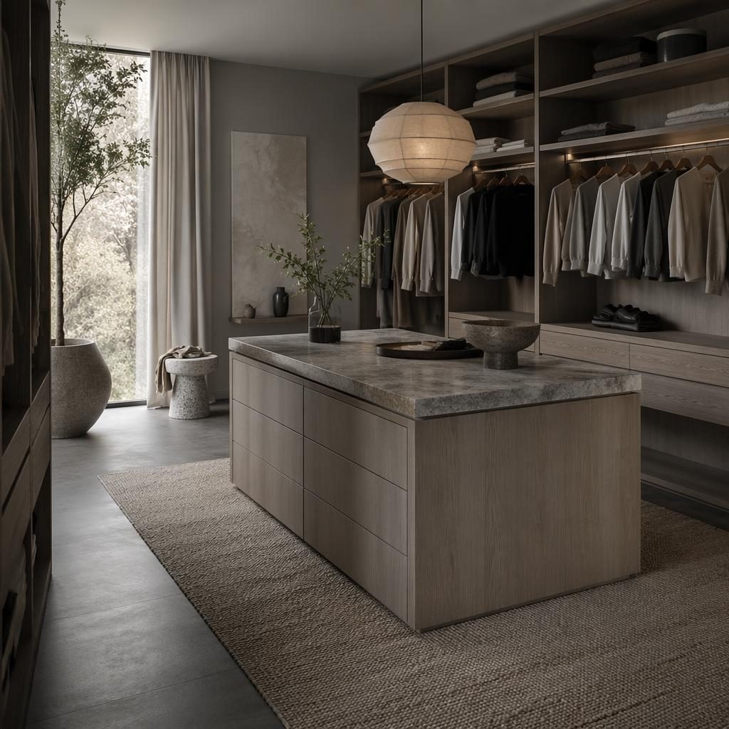 Boho-Ankleidezimmer in kühlen Grautönen mit Japandi-Kücheninsel, Tageslicht, Pflanzen, Kunst, Textilien und Naturmaterialien