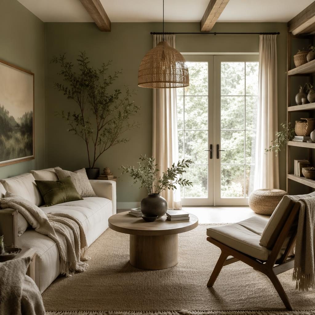 Japandi living room interior with sage and cream tones, natural materials, plants, textiles, art, and soft daylight