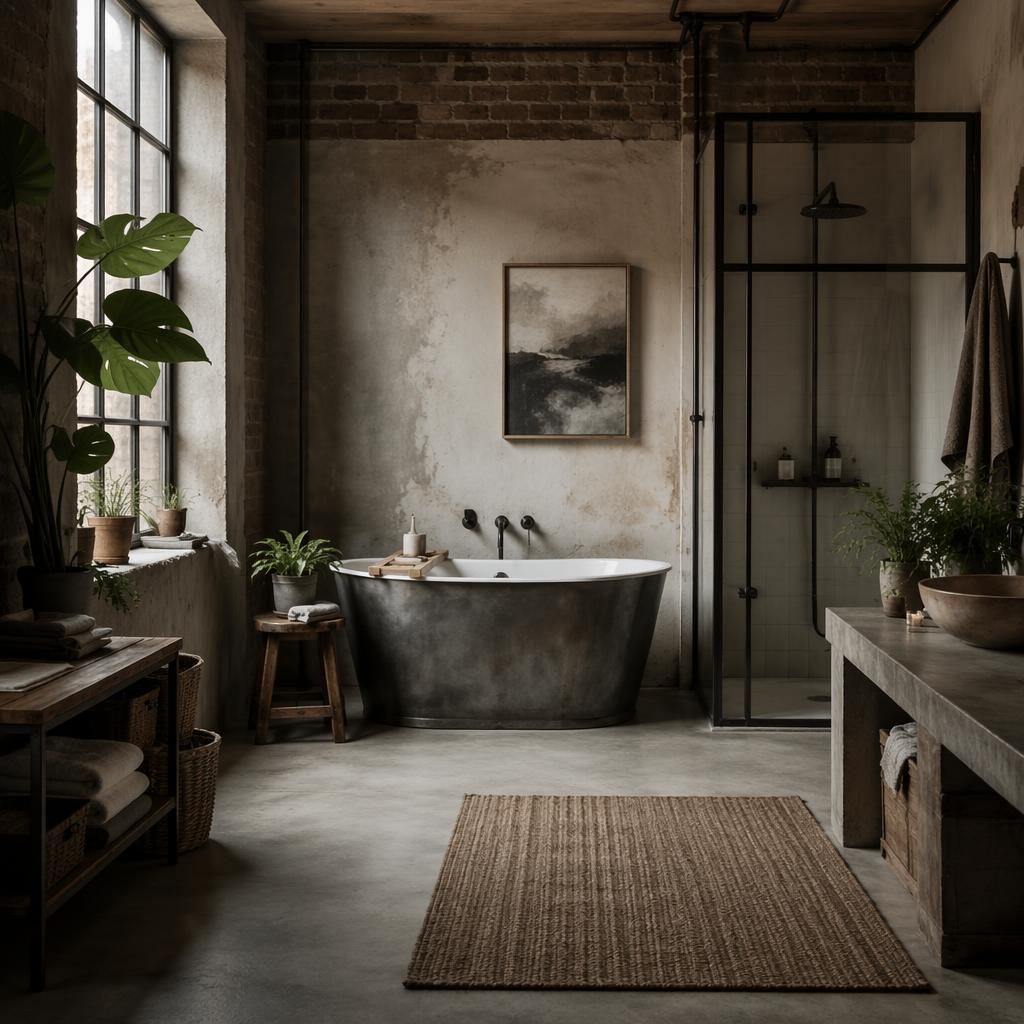 Industrial bathroom interior with earth-tone palette, metal frame detail, natural materials, plants, art, and soft diffused light