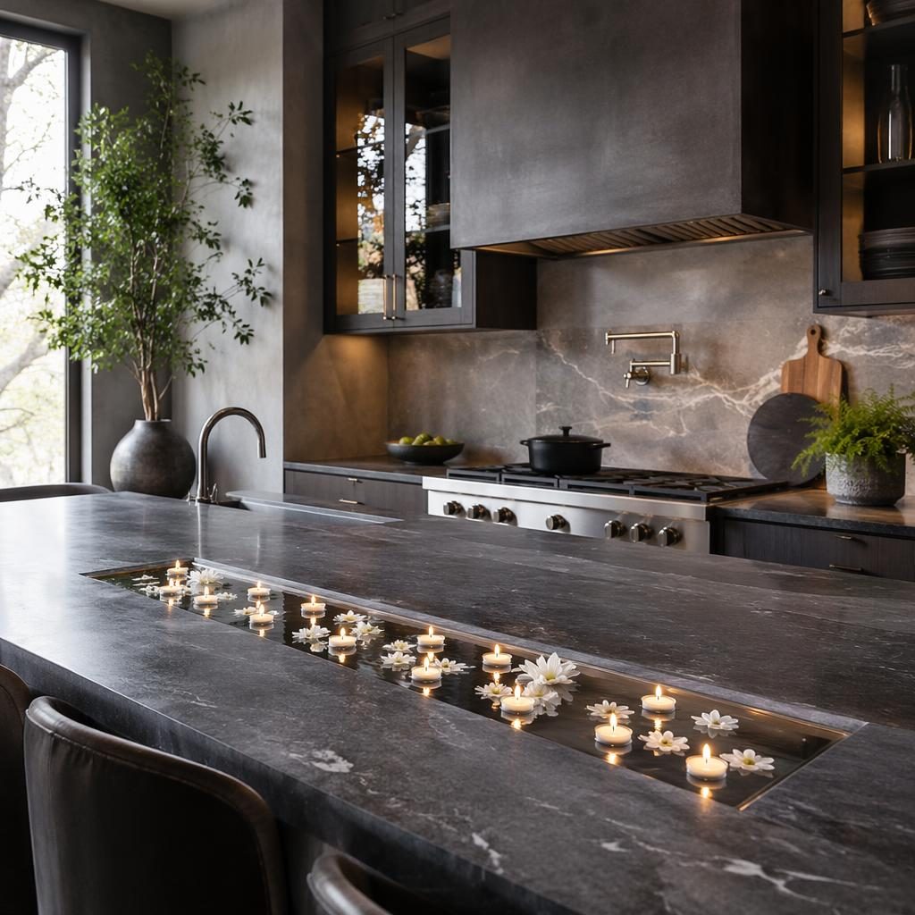 Industrial bathroom with raw concrete walls, cool grey tones, soft daylight, plants, textiles, and floating candle centerpieces.