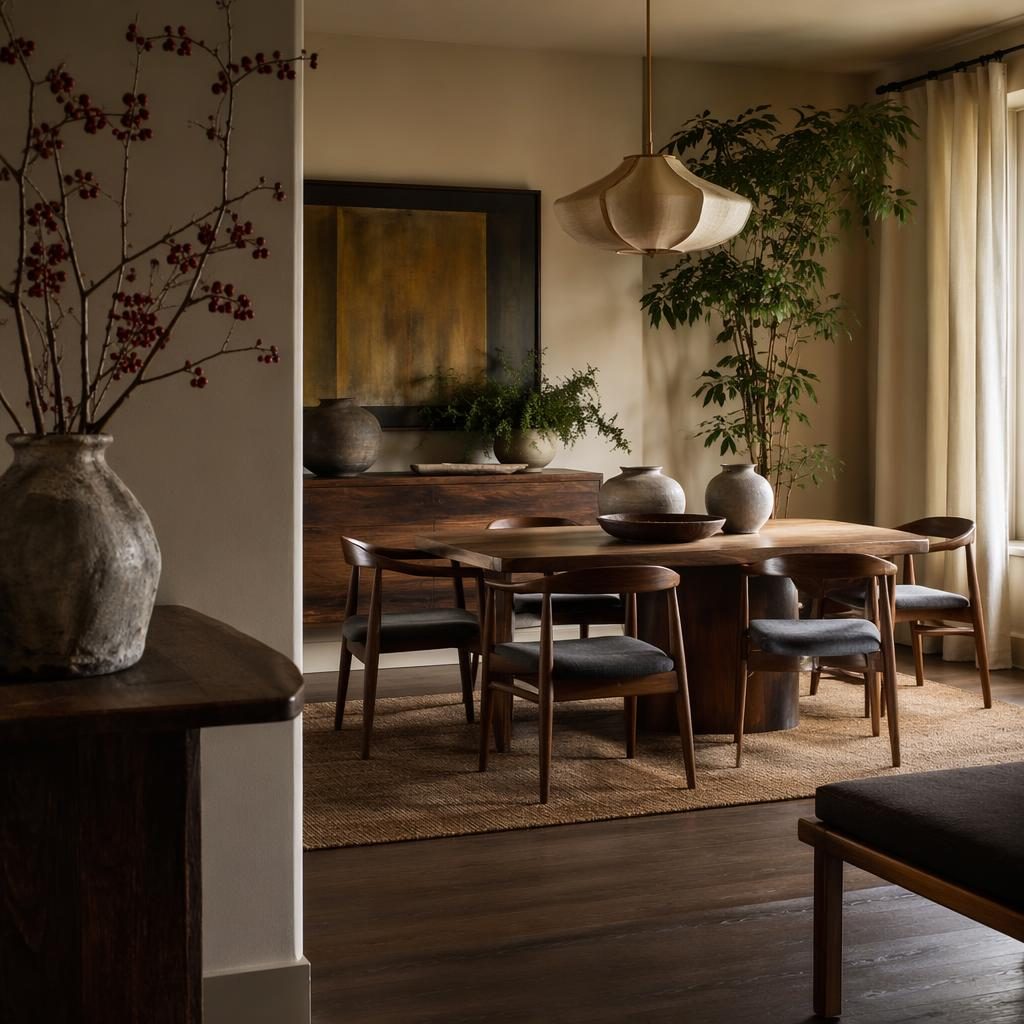 Japandi entryway with warm neutral tones, natural wood, plants, art, textiles, and moody cinematic lighting
