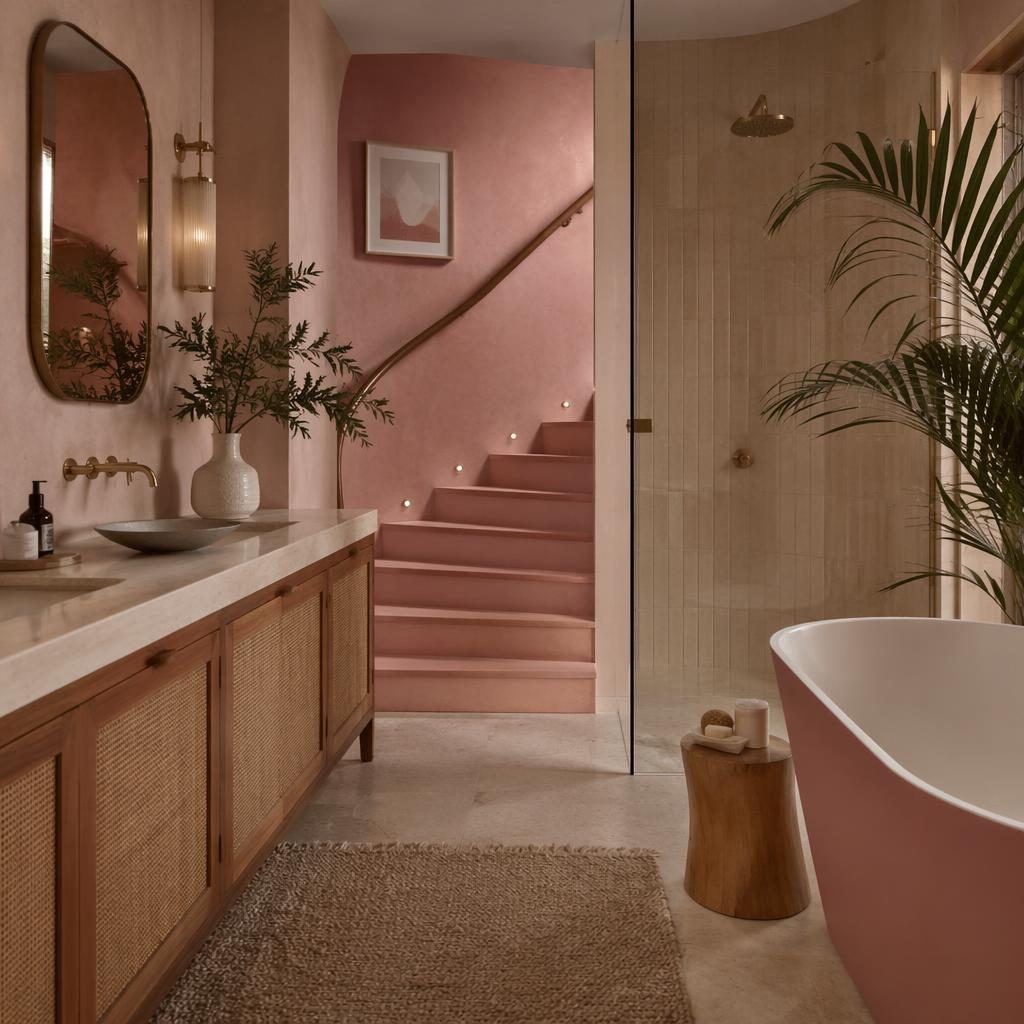 Pastel pink and beige mid-century bathroom render with natural materials, plants, art, textiles, and warm evening light